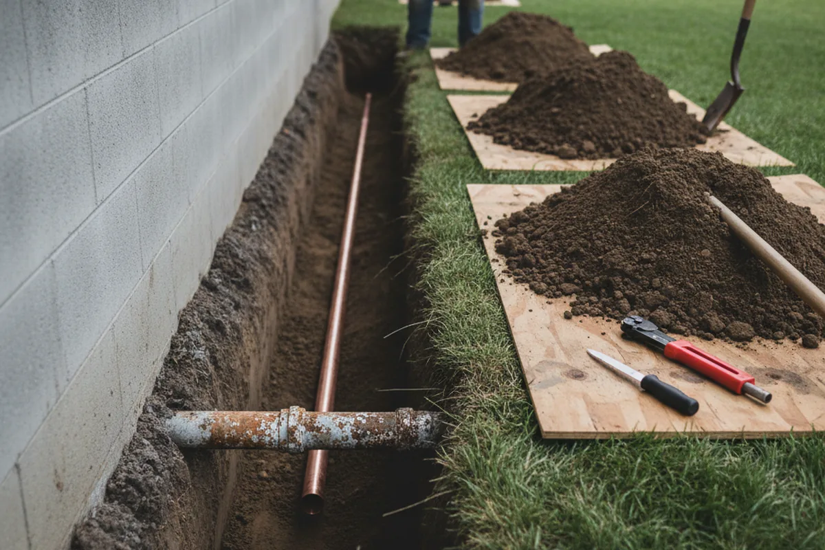 Excavated water line trench during Water Heater Repair in Stuart